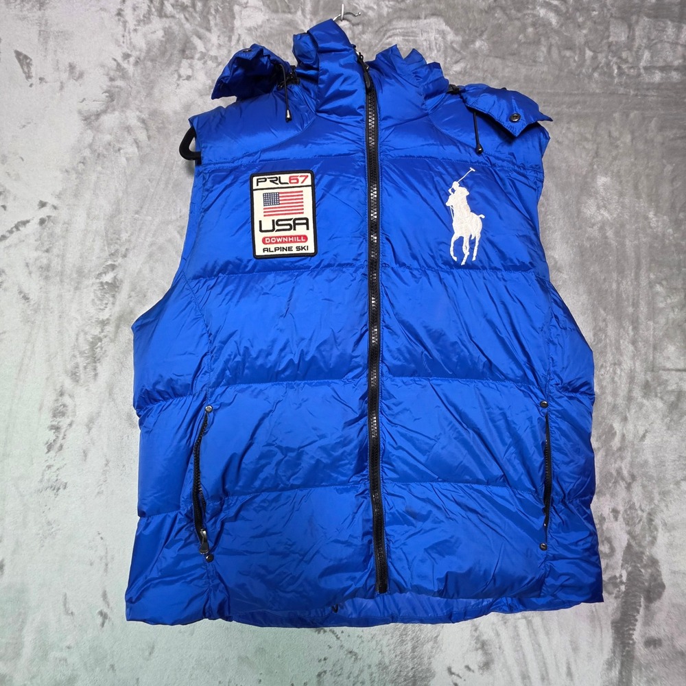 Polo Ralph Lauren USA Alpine Ski Big Pony Down Puffer Vest Blue XL Hooded